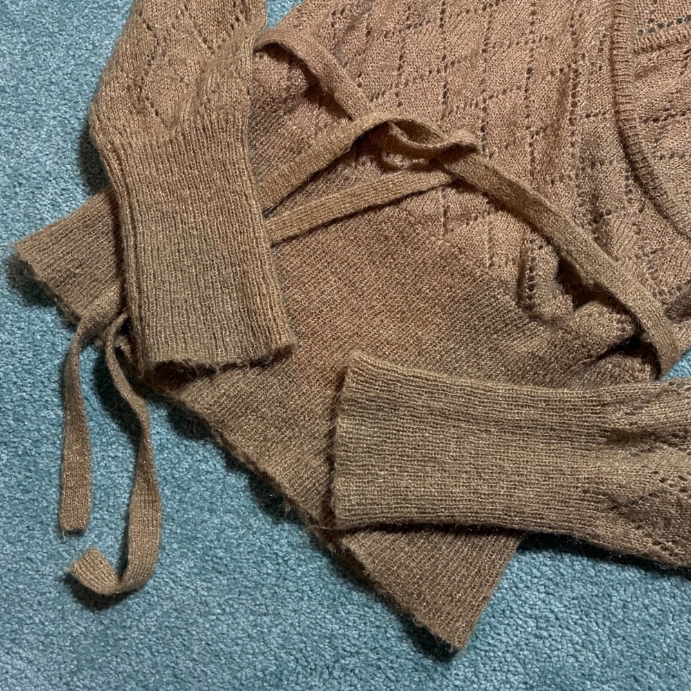 VTG Y2K Gap Pointelle Diamond Knit Ballet Wrap Style Sweater Womens L Brown - Picture 3 of 7
